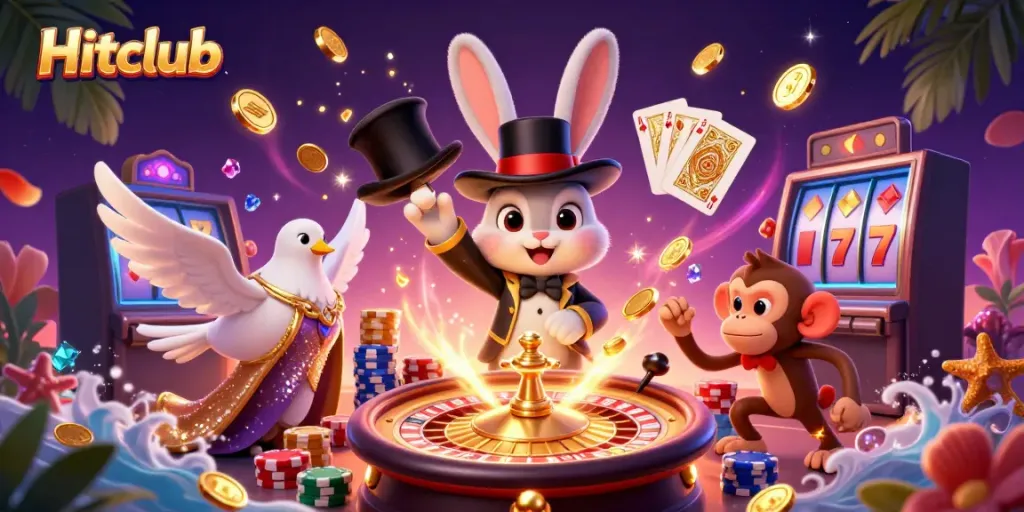 Hitclub showcases a dynamic scene with a magician rabbit, dove, and monkey in a vibrant casino environment.