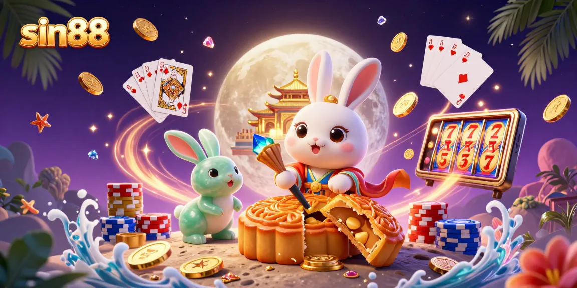 Experience sin88 with the moon rabbit revealing poker chips amidst dazzling casino treasures.