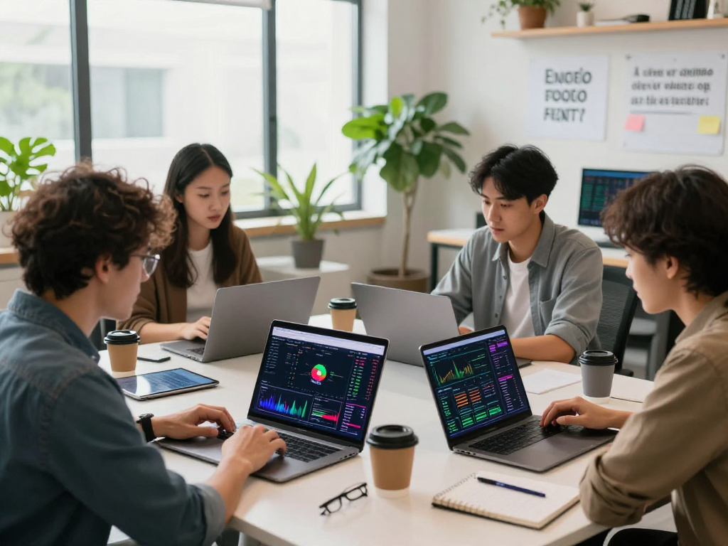 Collaborative cryptocurrency trading scene featuring KyberSwap interface in a vibrant workspace.