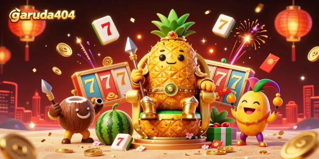 Experience thrilling gameplay with garuda404's golden pineapple king surrounded by cascading casino elements.