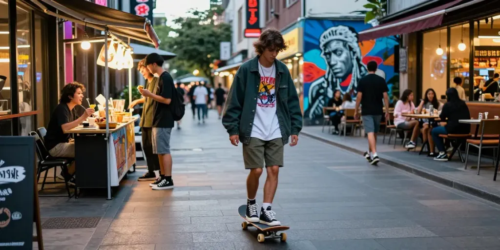 Vibrant urban lifestyle showcasing rokok88 streetwear, individual skateboarding in trendy city atmosphere.
