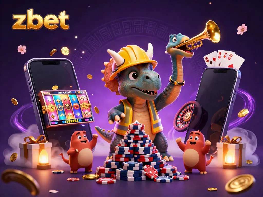 Experience thrilling gaming with zbet as a triceratops builds poker chips amidst slot reels and cheering characters.