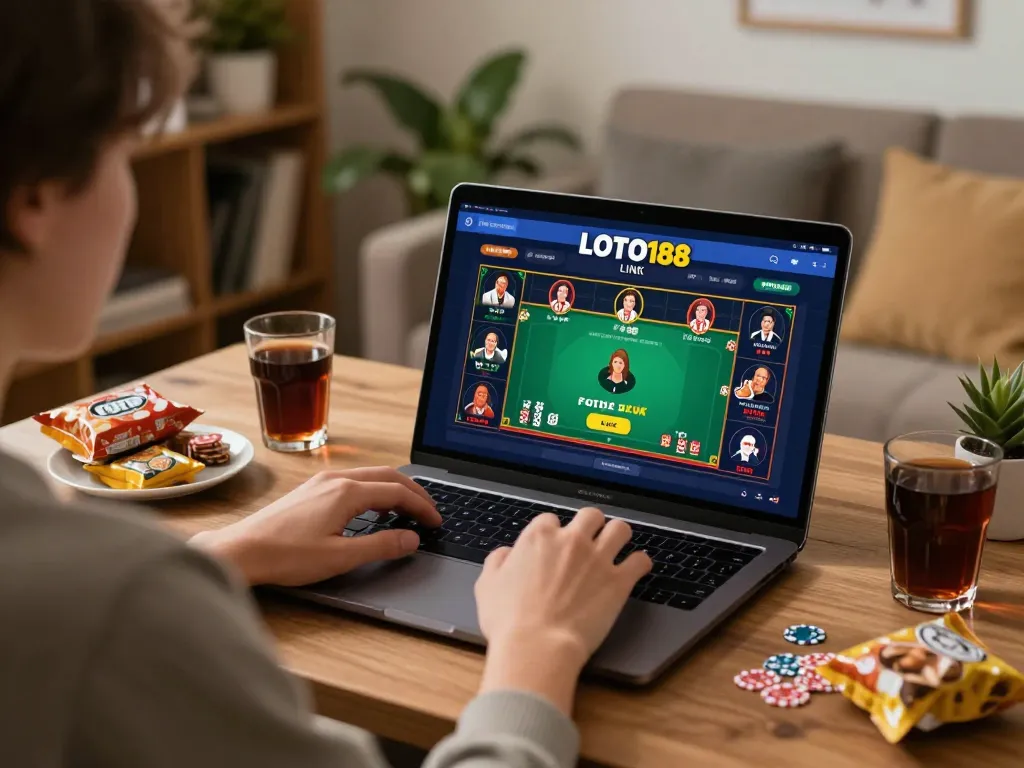 Engaging in online gambling with LOTO188 LINK displayed on laptop screen in cozy home.