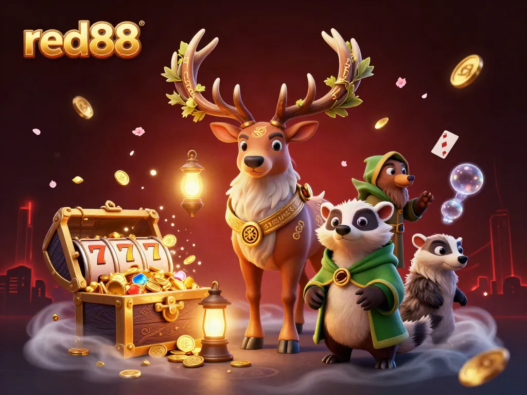 Experience thrilling casino gameplay with red88's vibrant 3D scene of characters amidst slot reels and treasure.