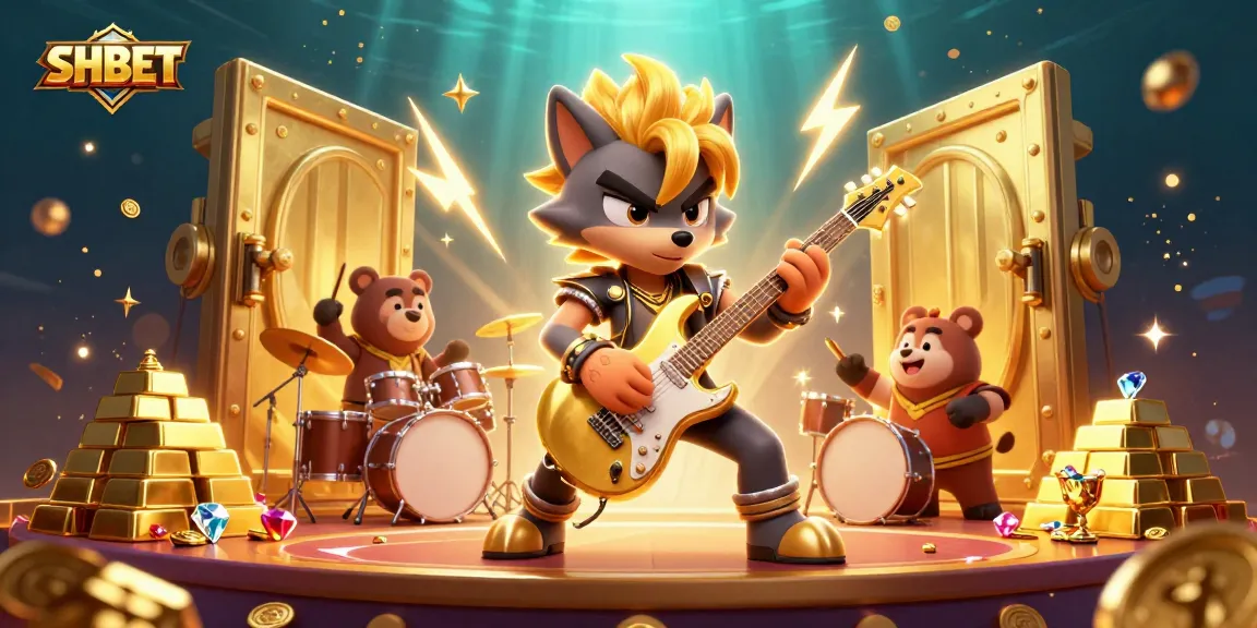 Engaging scene with SHBET featuring a rock star wolf and drummer bear under a golden treasure vault, showcasing thrilling casino excitement.