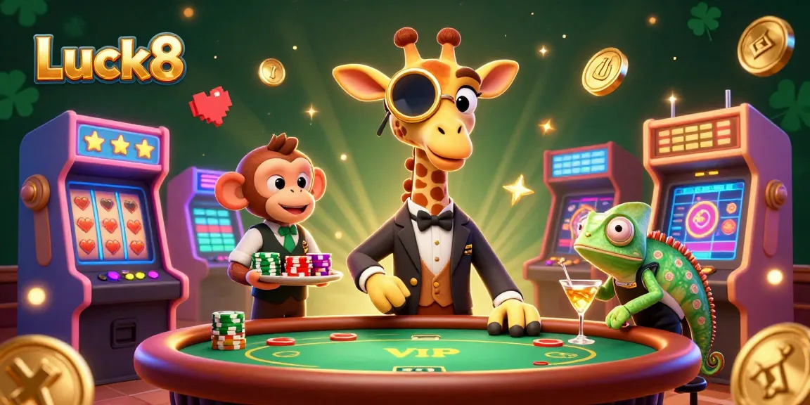 Engage with the vibrant world of Luck8 featuring colorful casino elements and charismatic characters.