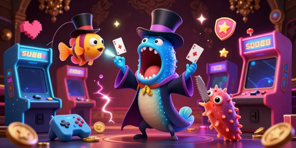 Experience SV88's thrilling gaming magic with vibrant characters and casino elements in a dynamic illustration.