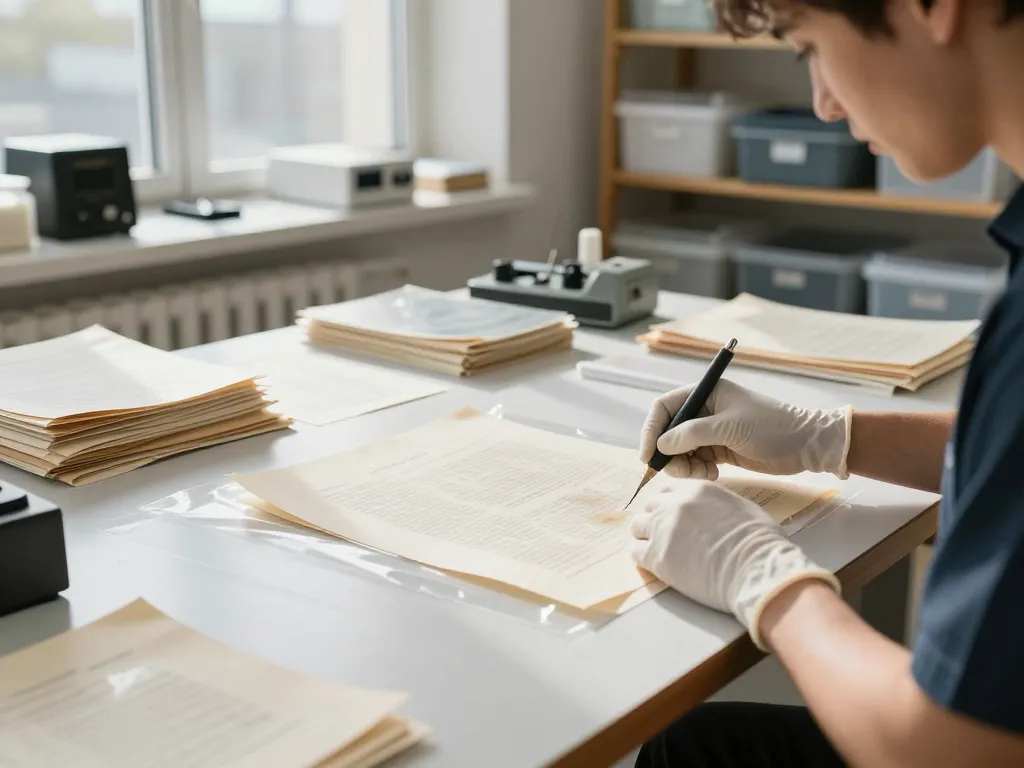 Bóc giấy ép uy tín hà nội, technician expertly restoring important documents in a bright workshop, preserving quality and integrity.