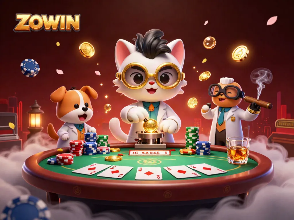 ZOWIN's exciting cartoon scene features a mad scientist cat and loyal dog amid poker excitement.
