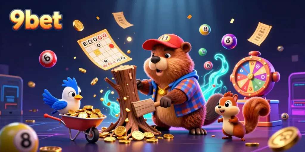 Experience the excitement of 9bet with vibrant characters and dynamic casino elements in a vivid illustration.