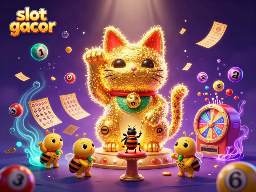 Get ready to win with slot gacor as a giant lucky cat commands a vibrant casino scene.