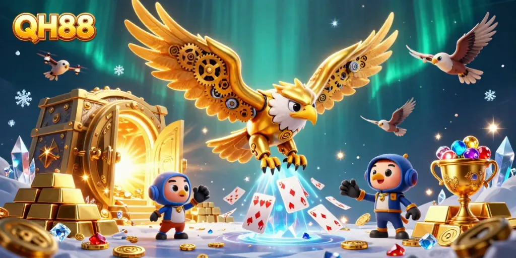 Engage with QH88 in an exhilarating casino adventure featuring holographic cards and golden treasures.