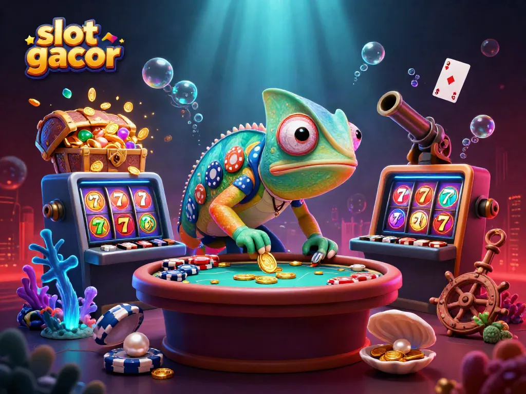 Exciting slot gacor scene with a vibrant chameleon casino owner surrounded by slot reels and gold coins.