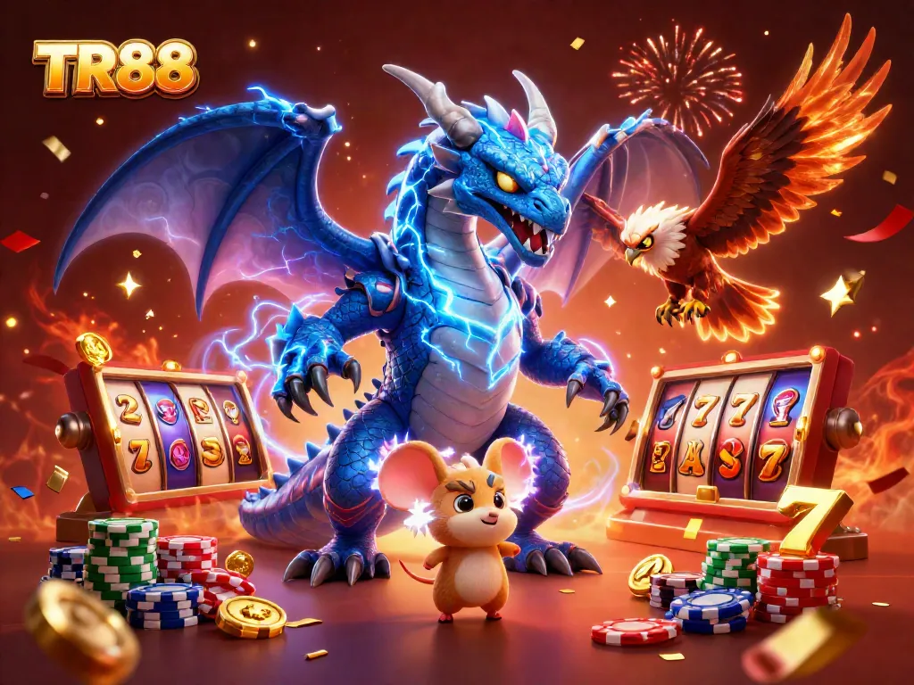 Engage in thrilling gaming with TR88 as colorful slot reels and energetic characters collide.