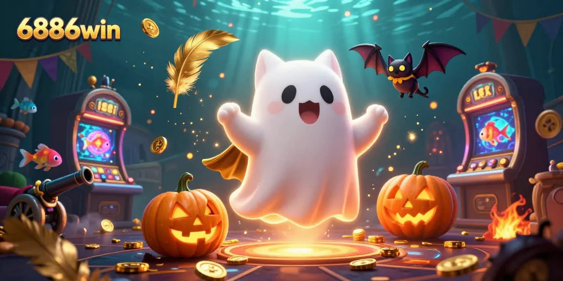 Experience thrilling gameplay with 6886win's ghost cat and fish shooting elements in a haunted casino setting.