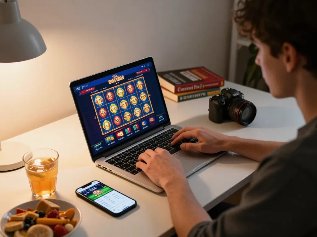 Engaging moment at best online casinos in Canada with a person playing slots on a laptop and sports betting on a smartphone.