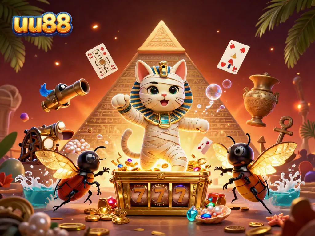 Engage your luck with uu88 in this vibrant 3D casino world featuring a mummy cat and a scarab.