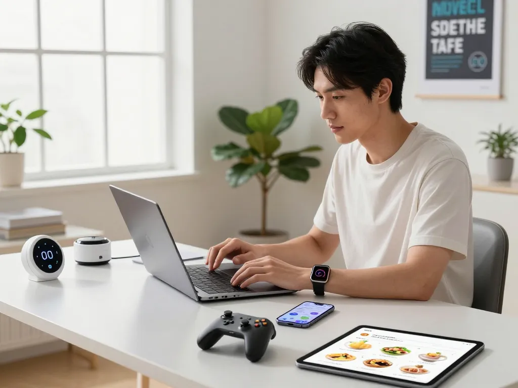 Smart tech gadgets displayed in a modern workspace, including a Bluetooth gaming controller, fitness watch, and kitchen thermometer, highlighting innovative technology.