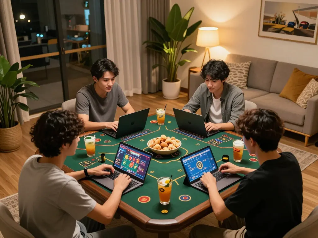 Engaging in đánh lô đề online with friends in a vibrant home setting, laptops and tablets in use.