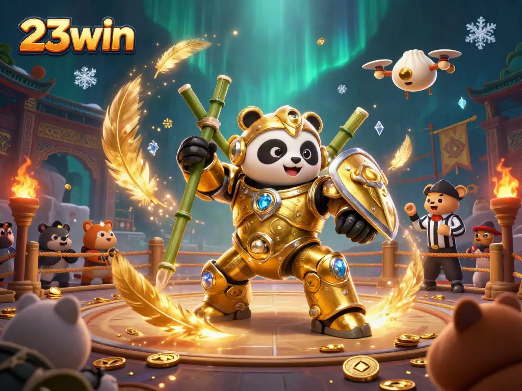 Experience the thrill of 23win with a vibrant, detailed illustration of a mech-suit panda battling in a lively arena.
