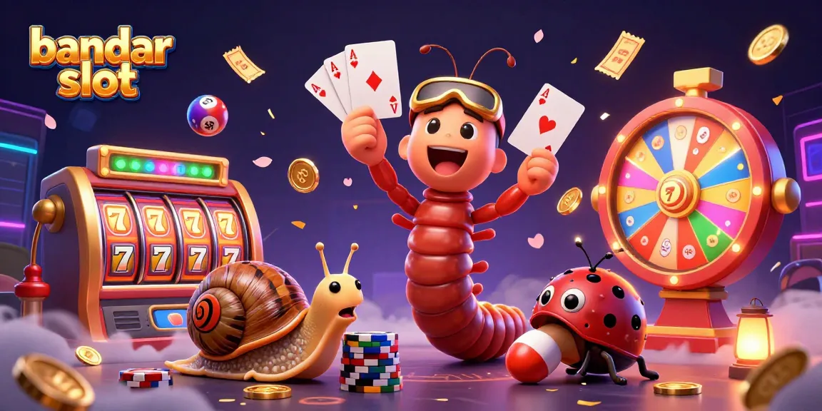 Engaging bandar slot scene with animated characters featuring a millipede dealer and vibrant casino elements.