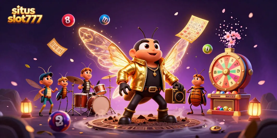 Situs slot777 showcases a vibrant casino scene with a cicada rock star, drummer beetle, and animated lottery elements