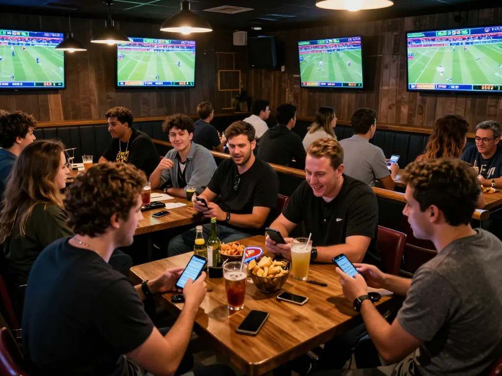 Engaged sports fans using nhandinhkeonhacai for live betting insights in vibrant bar setting