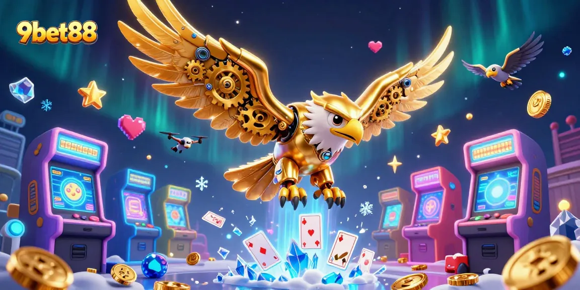 Engage with 9bet88's thrilling gaming experience featuring a cybernetic eagle and colorful arcades.