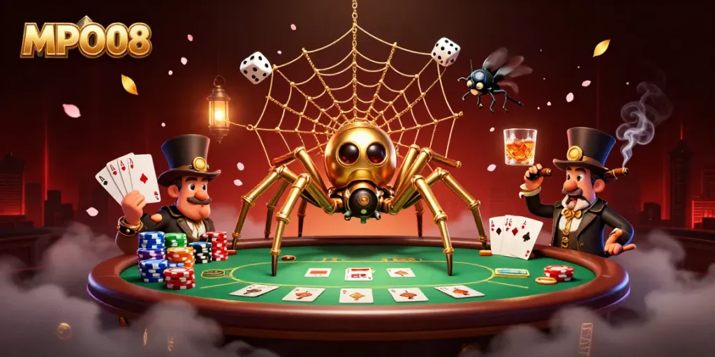 Engage with MPO08 through dynamic casino elements and characters in a vivid steampunk scene.