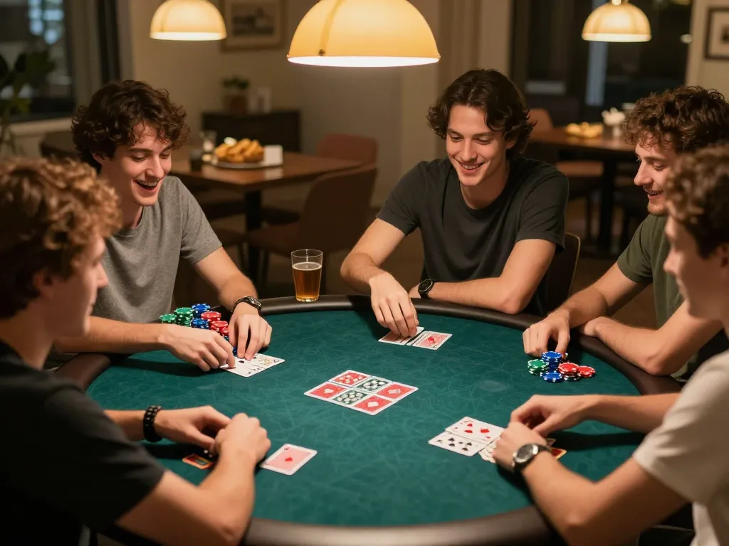 Players enjoying a poker night at home, showcasing qh88go spirit of friendly competition and strategy.