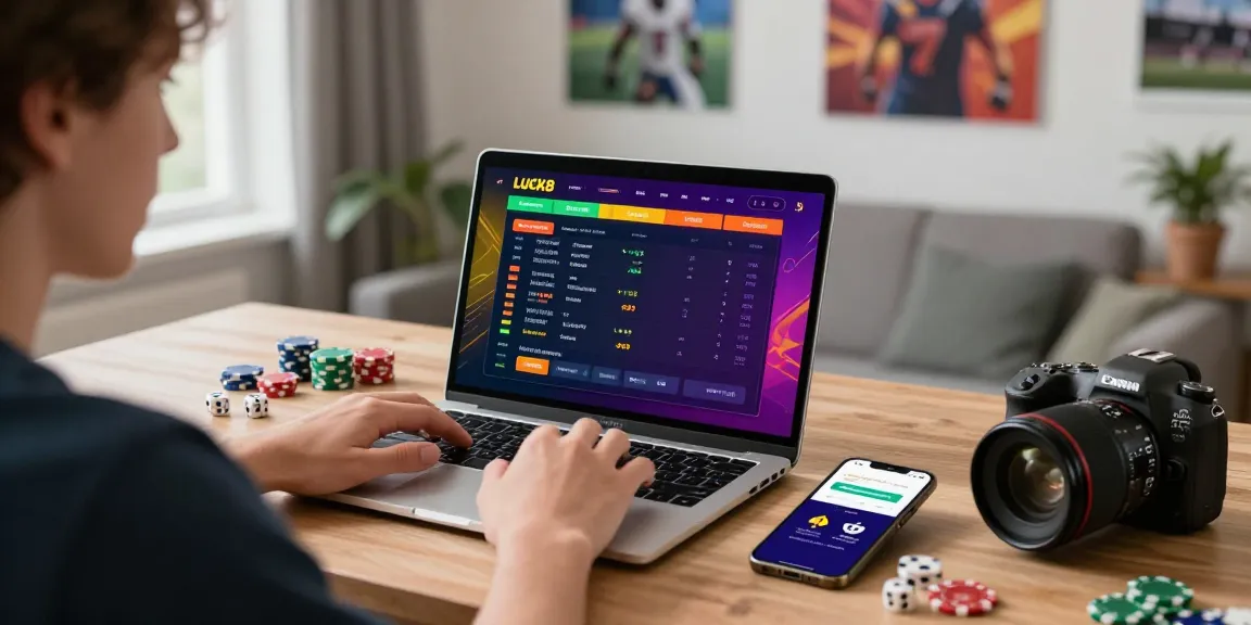 User engaging with LUCK8 online betting platform in a vibrant home office