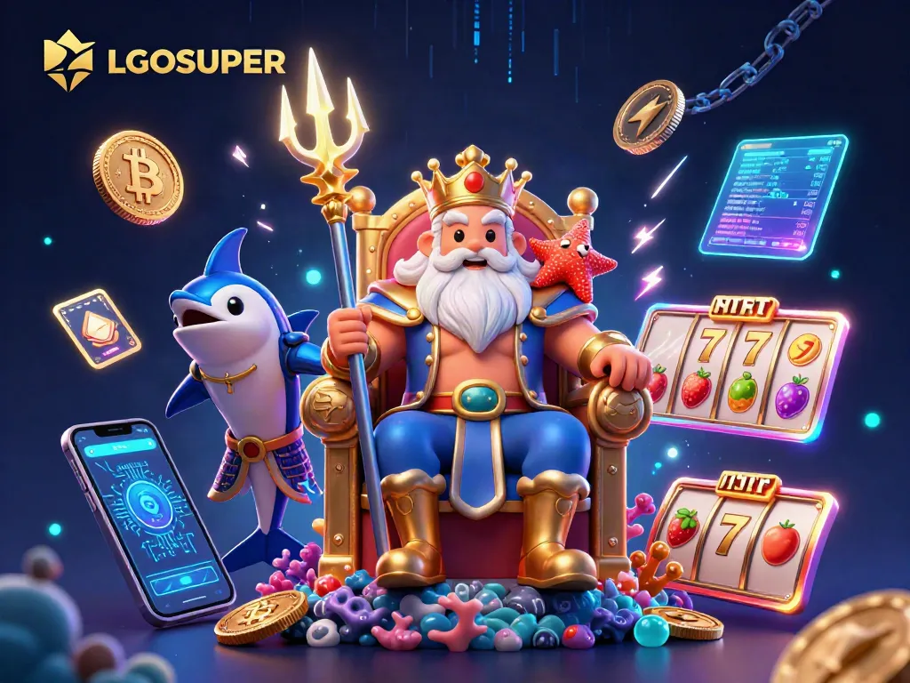 Experience gaming excitement with LGOSUPER as Neptune rules over jackpot slots in a vibrant underwater scene.