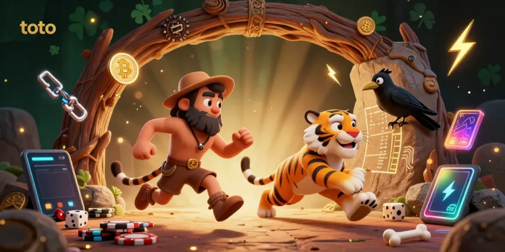 Engage your senses in the prehistoric casino of "toto", where Bitcoin and Ethereum coins sparkle amidst vibrant characters and thrilling gambling action.