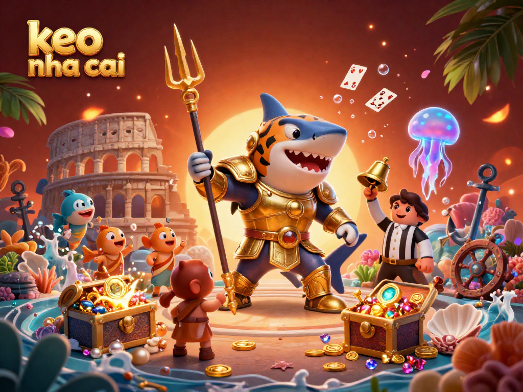Engage with the thrilling keo nha cai casino battle led by a shark in gladiator armor and vibrant underwater riches.