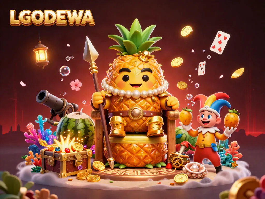 Engage with LGODEWA's golden pineapple king amidst thrilling casino adventures with treasure chests and playful elements.