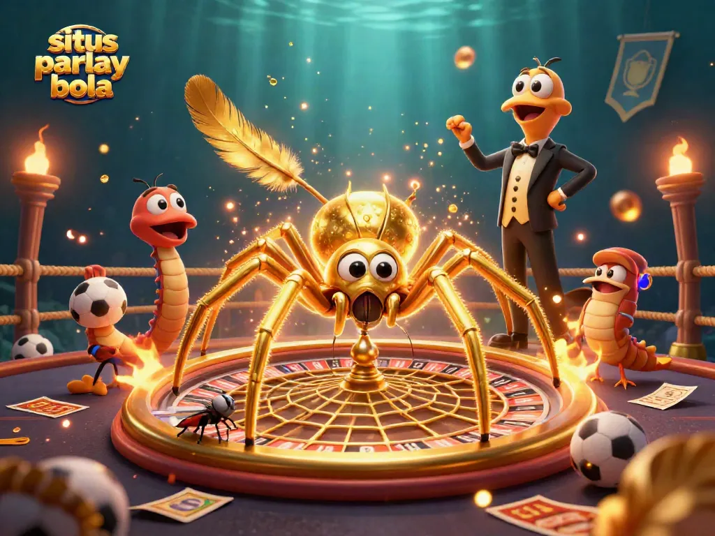 Engage in exciting situs parlay bola betting strategies with animated characters in a vibrant casino atmosphere.
