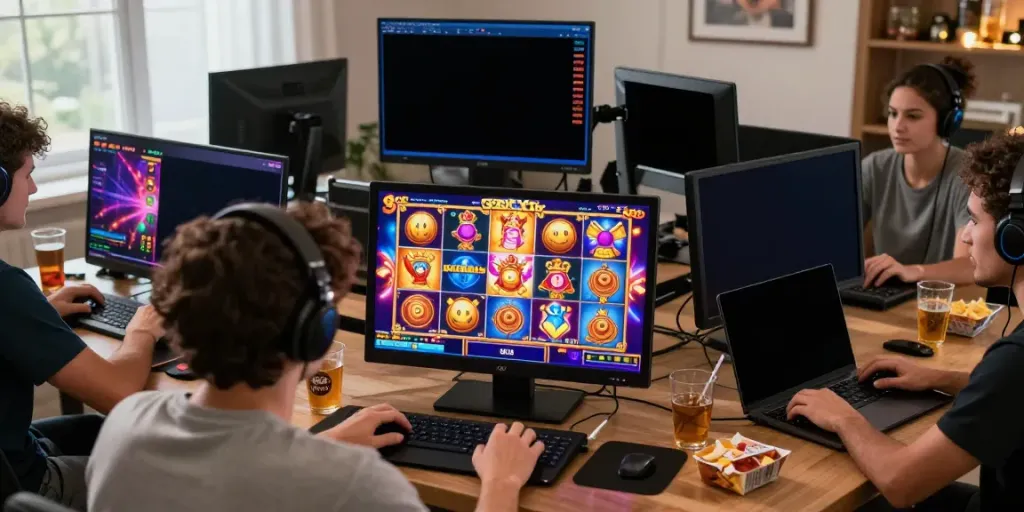 Players enjoying bro138 slot games on multiple devices in a vibrant gaming environment.