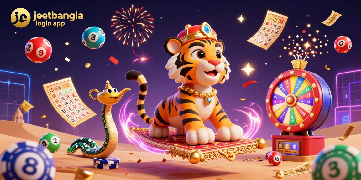 Engage with the excitement of the JeetBangla login app as colorful lottery balls dynamically bounce around a festive casino scene.
