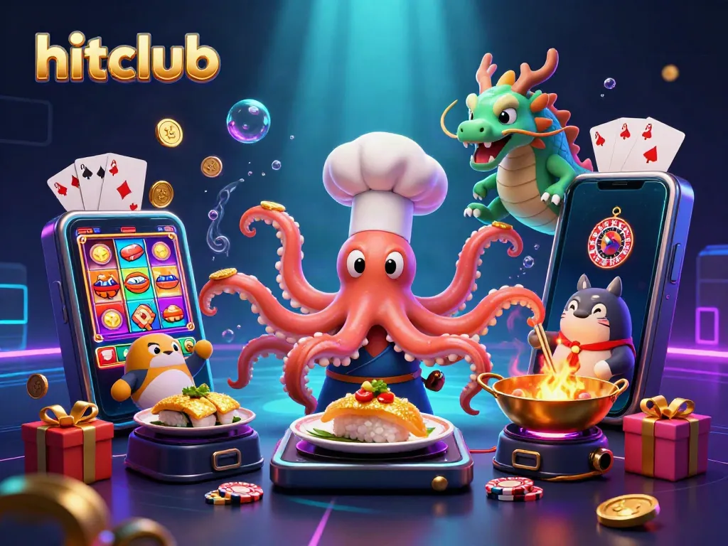 Experience hitclub's vibrant gaming scene with a colorful octopus chef and dragon in action!