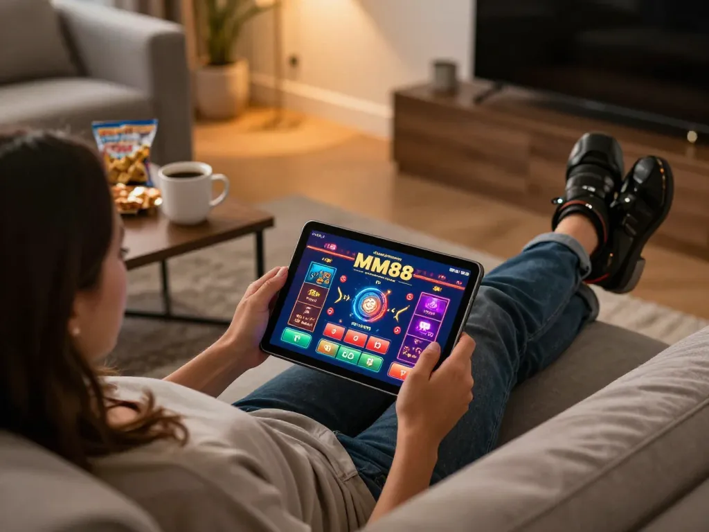 Engaging in online casino gaming on Trang chủ MM88 with vibrant graphics and cozy home setting.