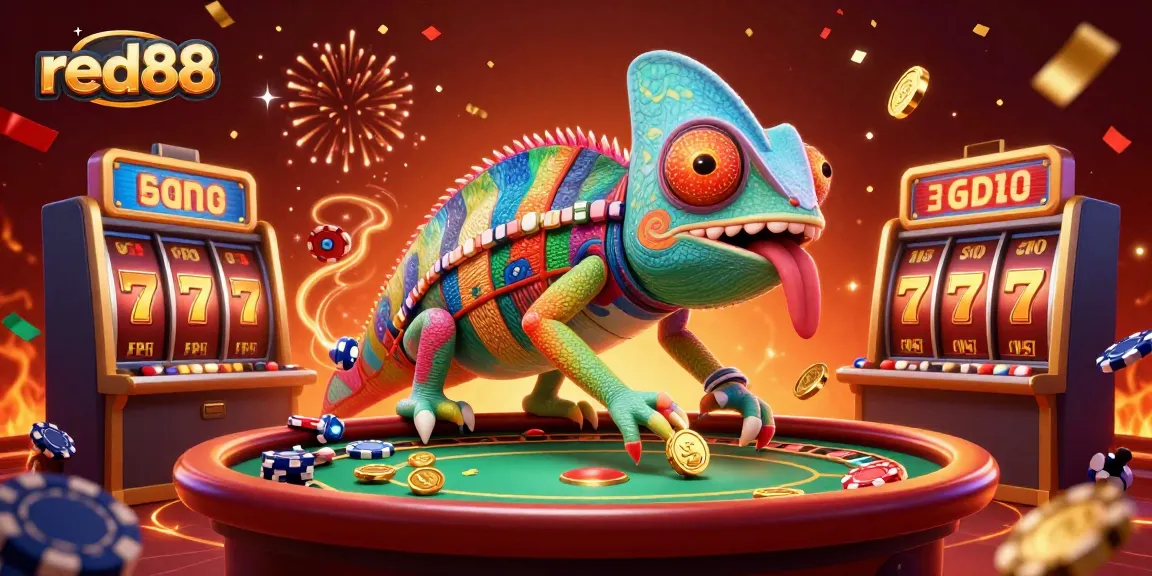 Experience the excitement of red88 with a vibrant casino scene featuring a chameleon owner and slot machines.
