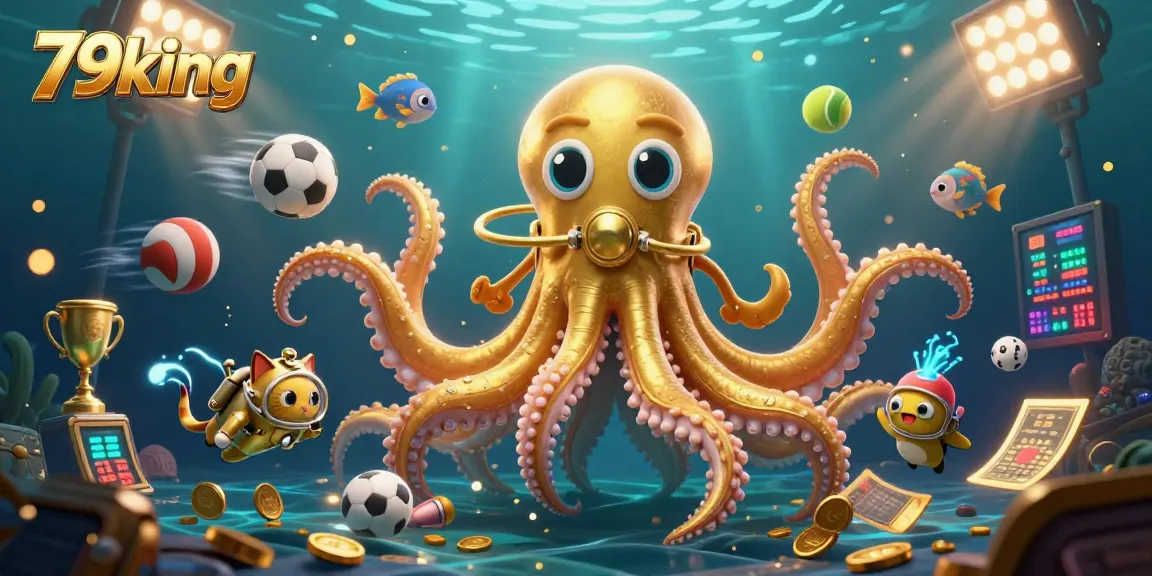 Experience thrilling games at 79king with golden treasures and dynamic sports elements in a vibrant underwater scene.