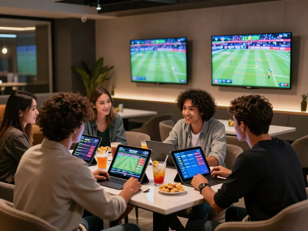 Friends excitedly placing bets at man88's modern lounge, enjoying sports and cocktails.