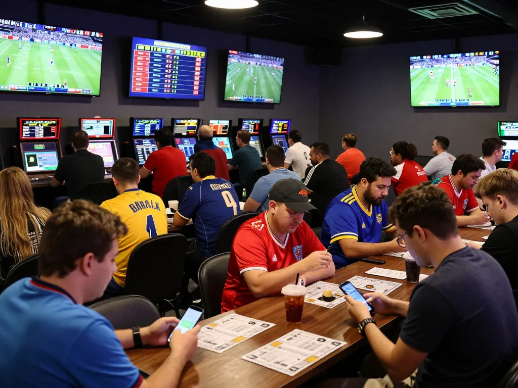 Bongdallu sports betting enthusiasts engage in live betting action amidst a lively atmosphere.
