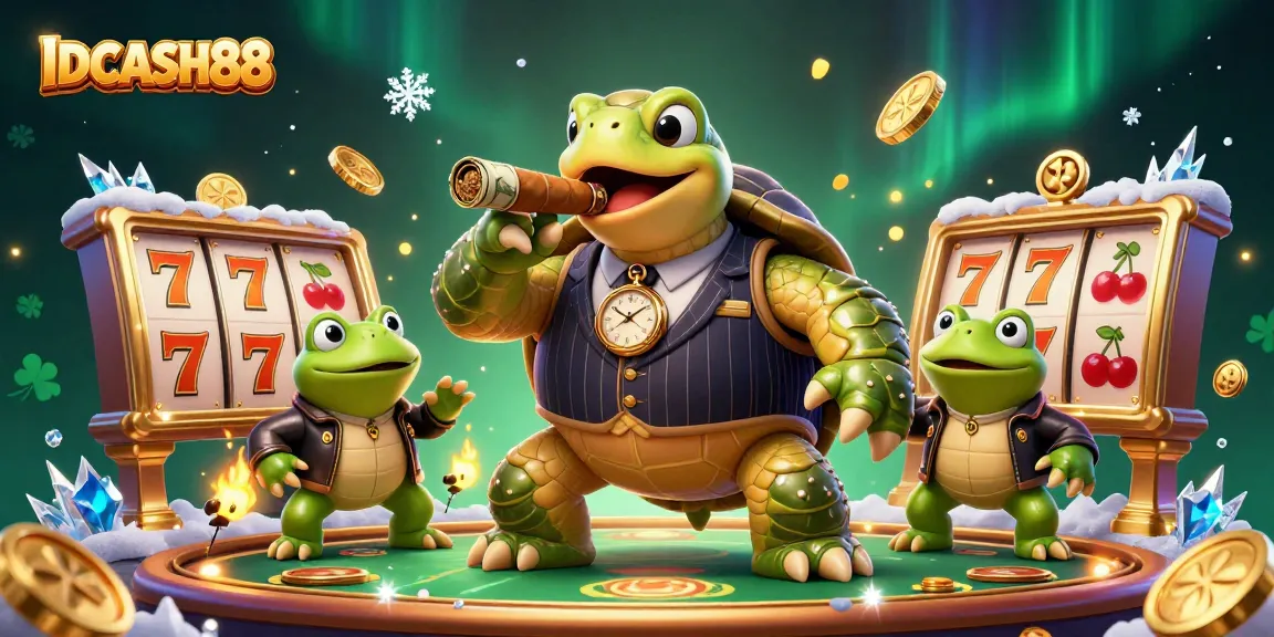 Spin the reels with IDCASH88, featuring a snapping turtle and bullfrogs in a vibrant casino setting.