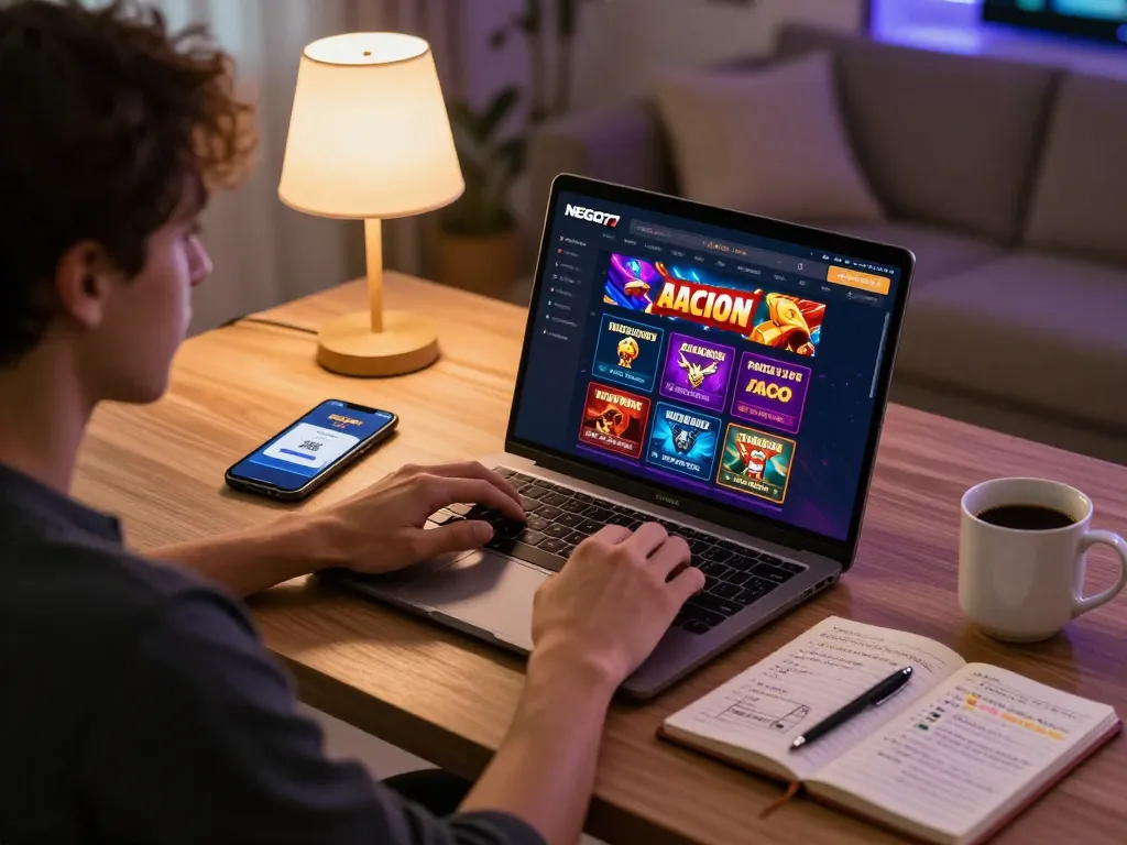 User exploring NEGO77 daftar on laptop for a seamless online casino experience.