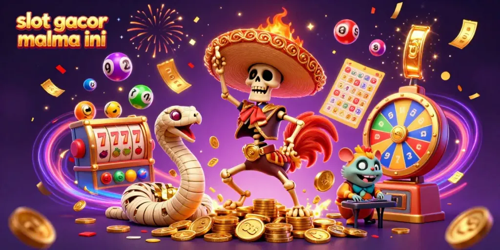 Experience the excitement of slot gacor malma ini with a 3D mariachi rooster celebrating on coins, surrounded by vibrant slot elements.