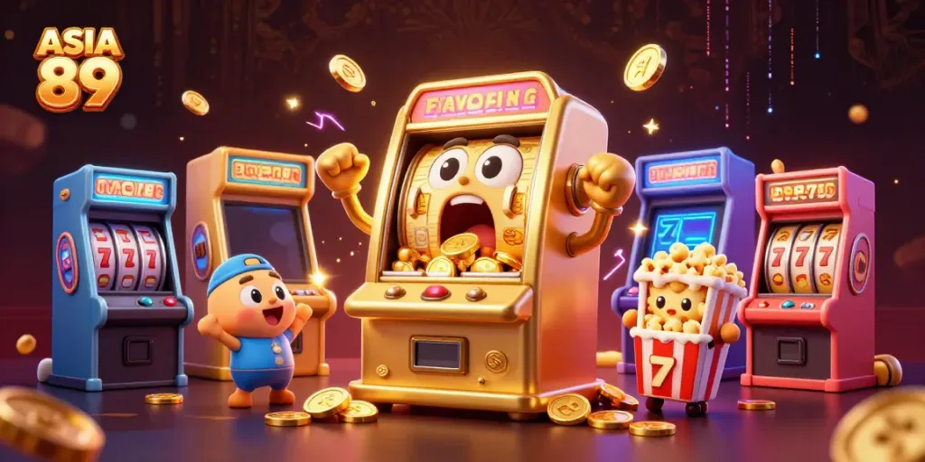 Engaging scene of ASIA 89 slot machine hitting a jackpot as coins flow, creating excitement.