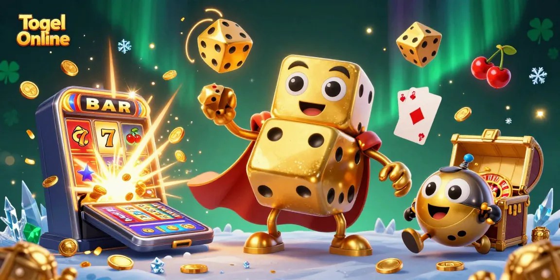 Togel Online players enjoy a vibrant 3D casino illustration showcasing a golden dice golem and dynamic gaming elements