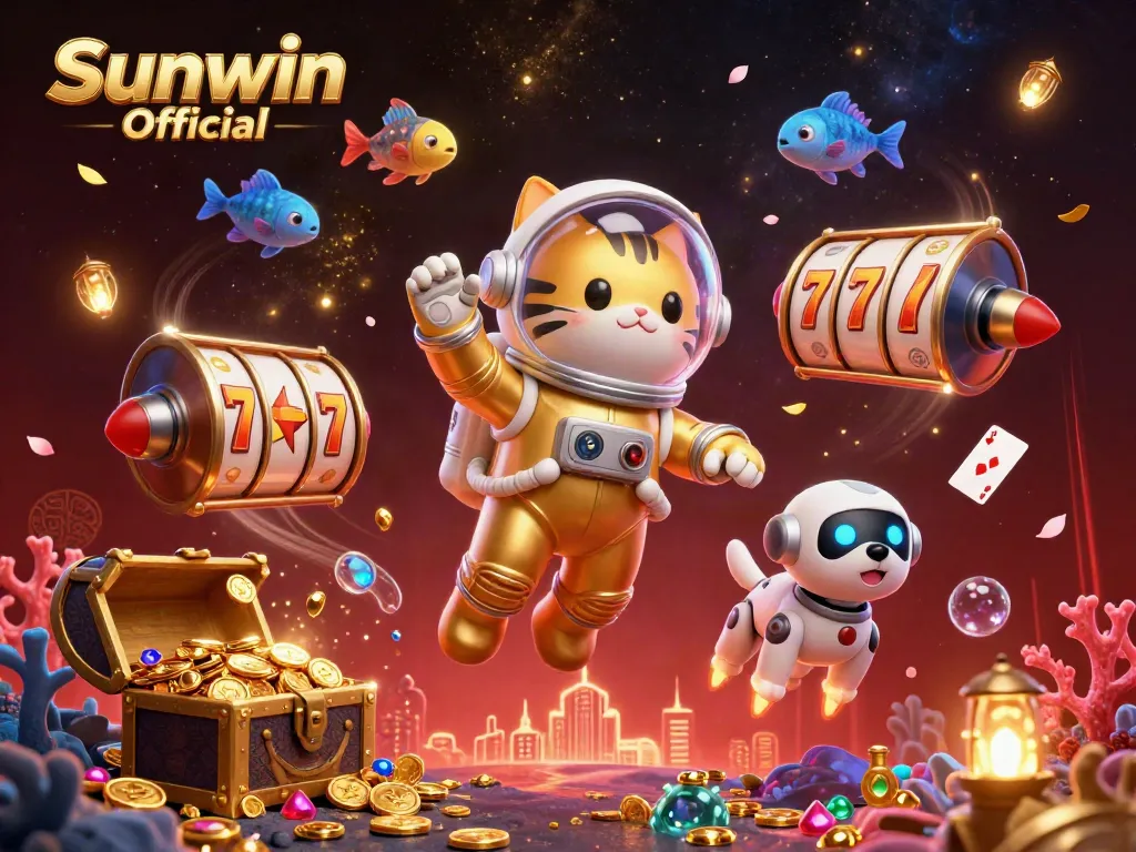Winning big with Sunwin Official in a dynamic 3D casino scene featuring lucky symbols and colorful treasures.